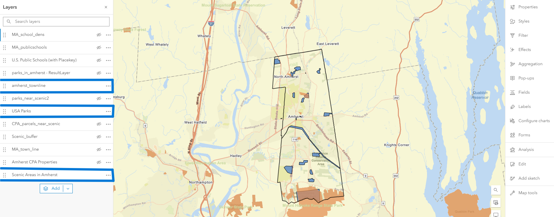 Amherst Map with Sccenic Areas and USA Parks