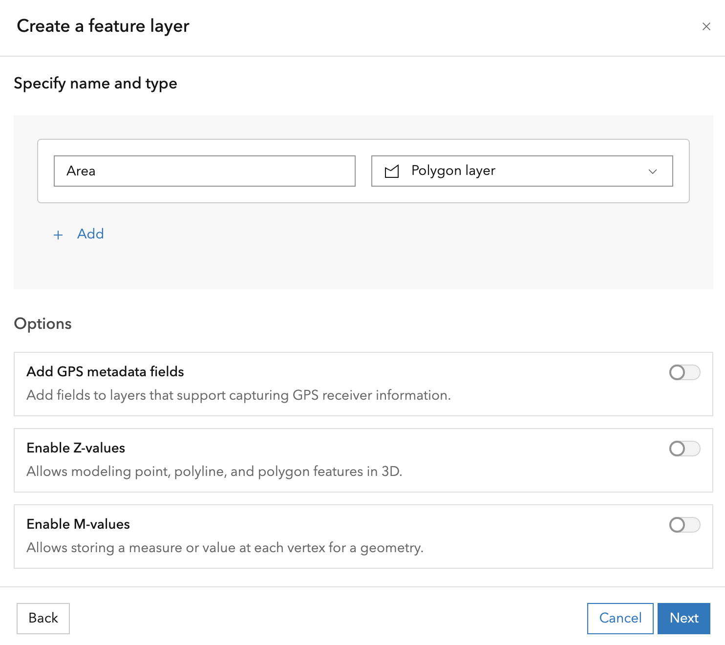 Specify feature layer name and type