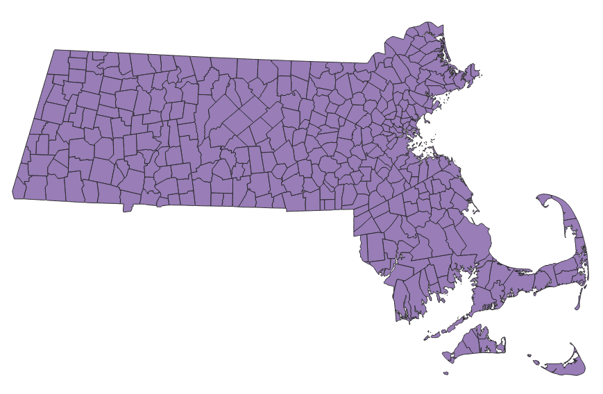 Shapefile of towns in Massachusetts, with the Project CRS set to NAD83 Massachusetts Mainland Projected