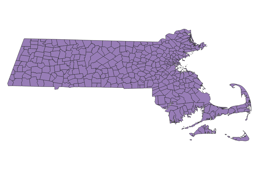 Shapefile of towns in Massachusetts, with the Project CRS set to WGS84