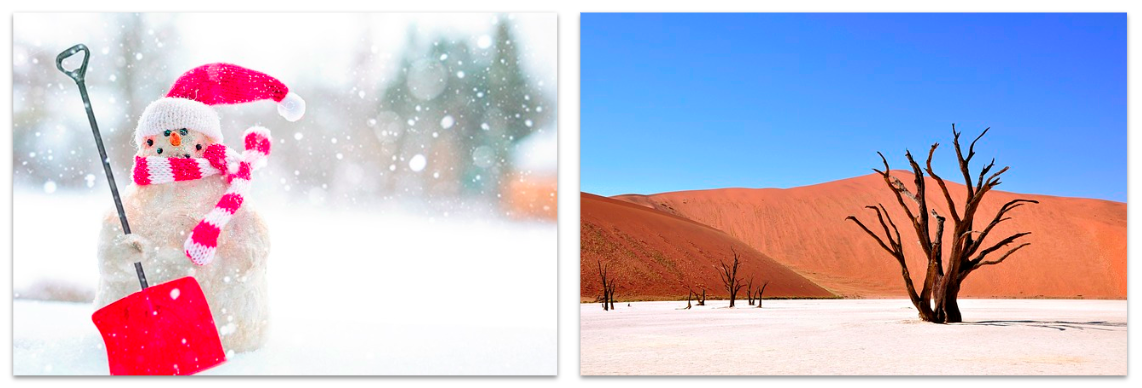 An adorable snowperson on the left, and a desert wasteland on the right