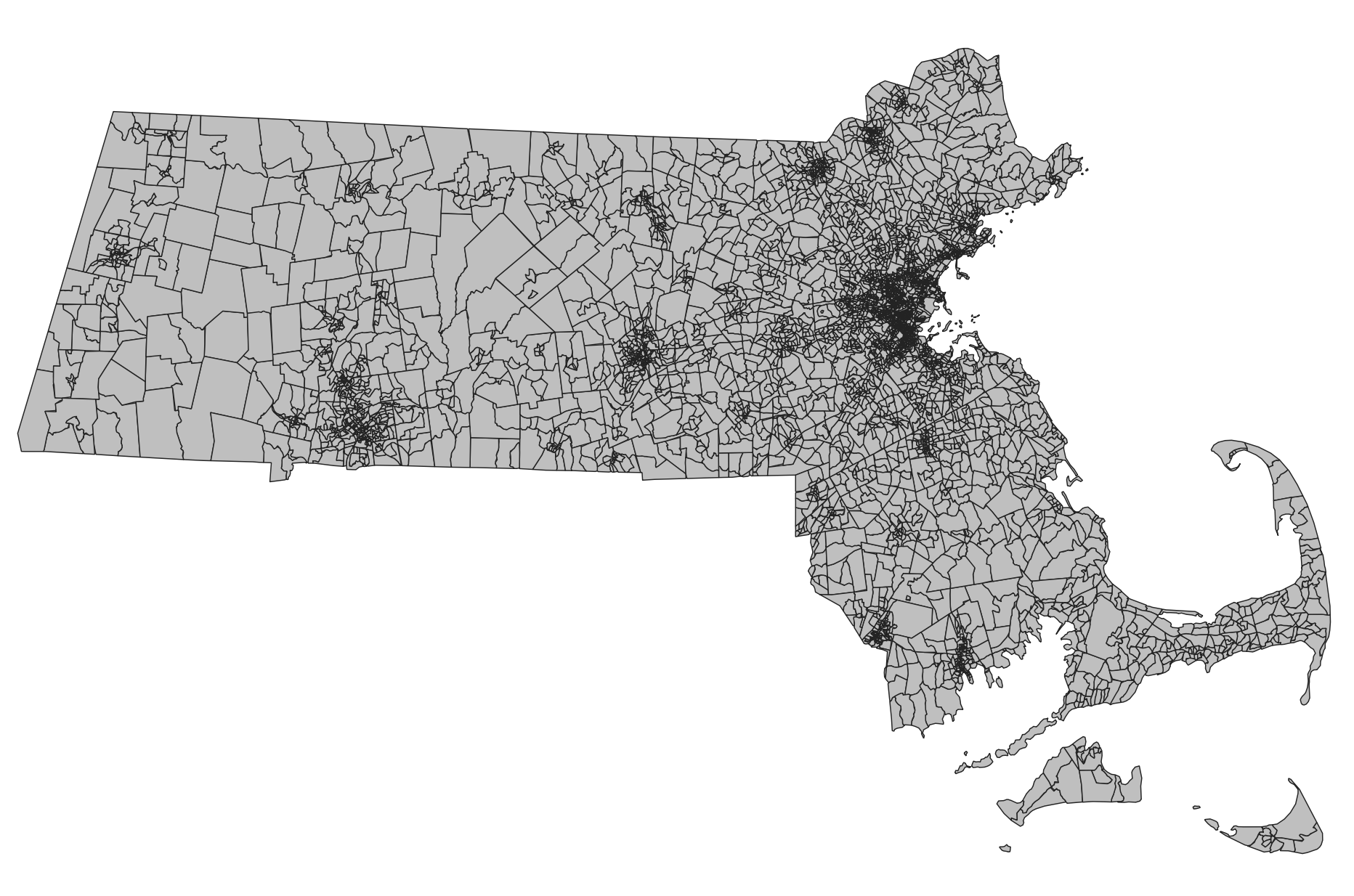 Block groups in MA from the 2020 US Census, all styled as gray polygons