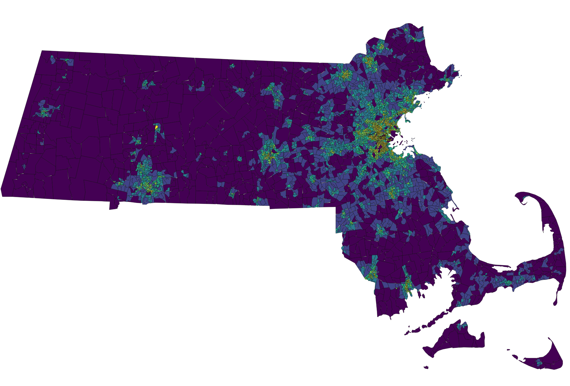 Block groups in MA from the 2020 US Census, using the Viridis color scheme to highlight areas with higher population density