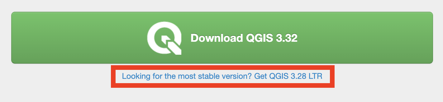 QGIS download website, showing the LTR in much smaller font below the giant green button to download
