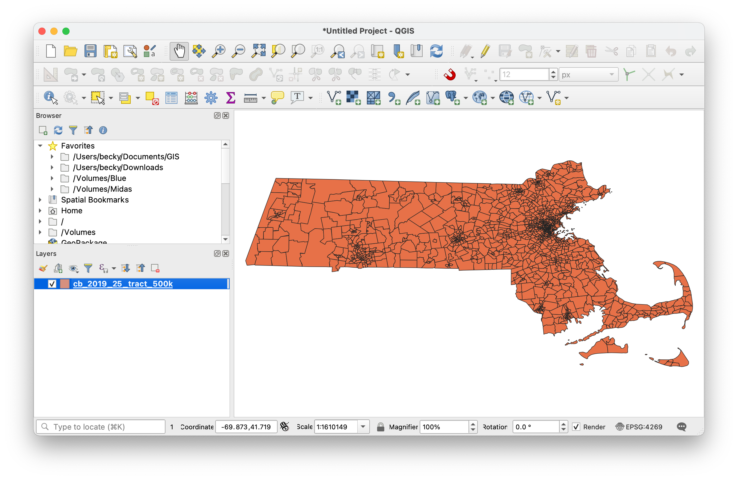 The QGIS interface after loading the tract shapefile.