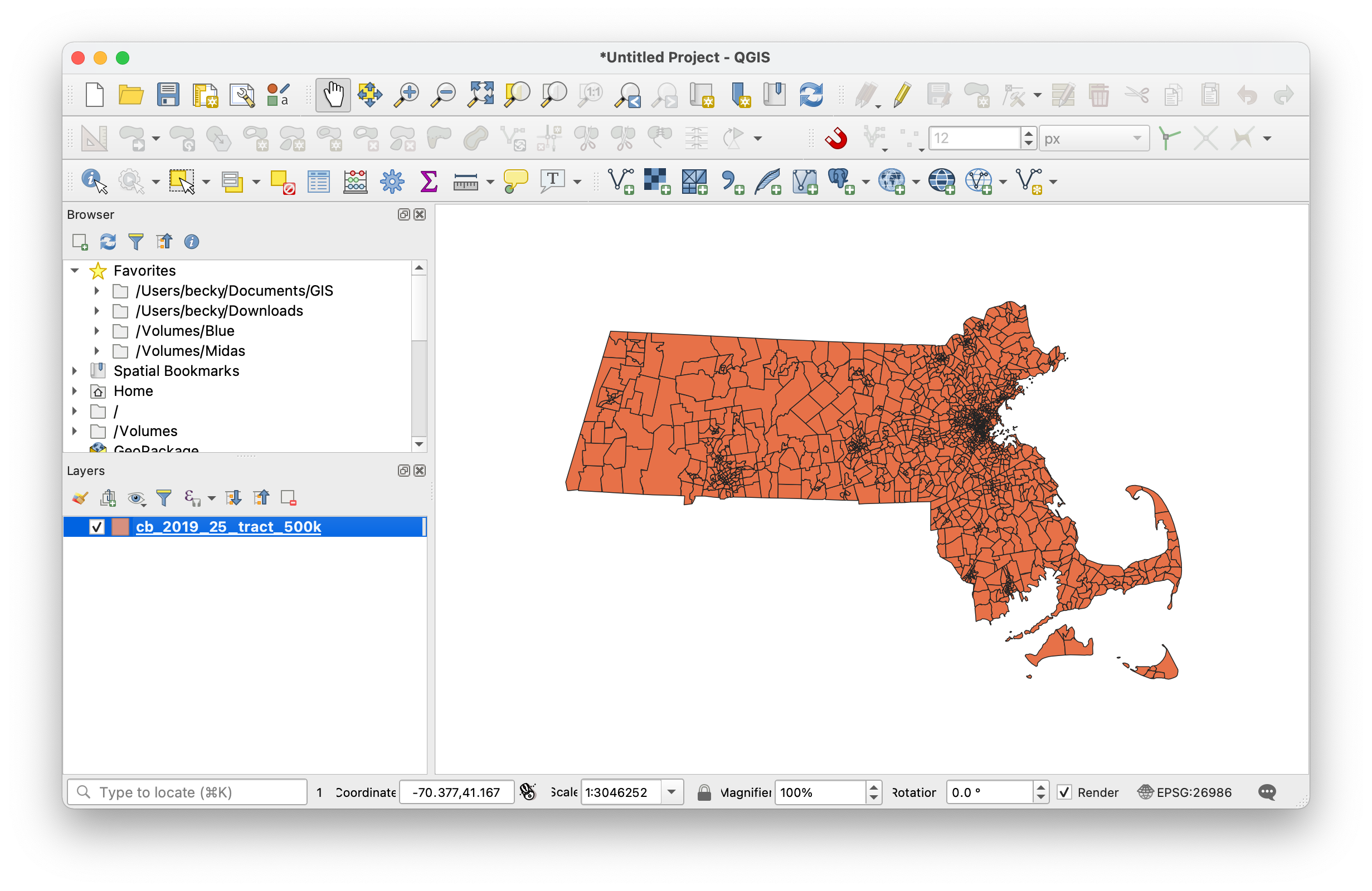 The QGIS interface after changing the project coordinate reference system.