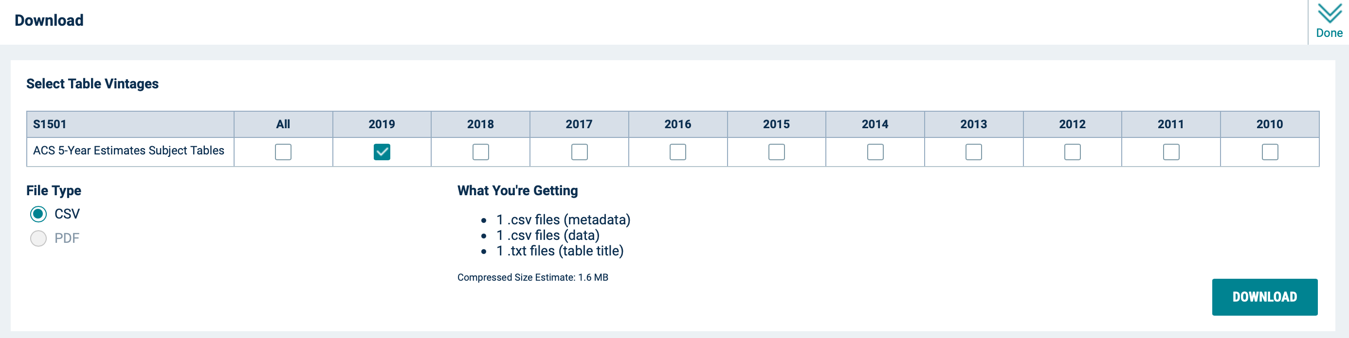 Screenshot of the download menu in the Explore Census Data portal. Users have to option to select additional years before downloading.