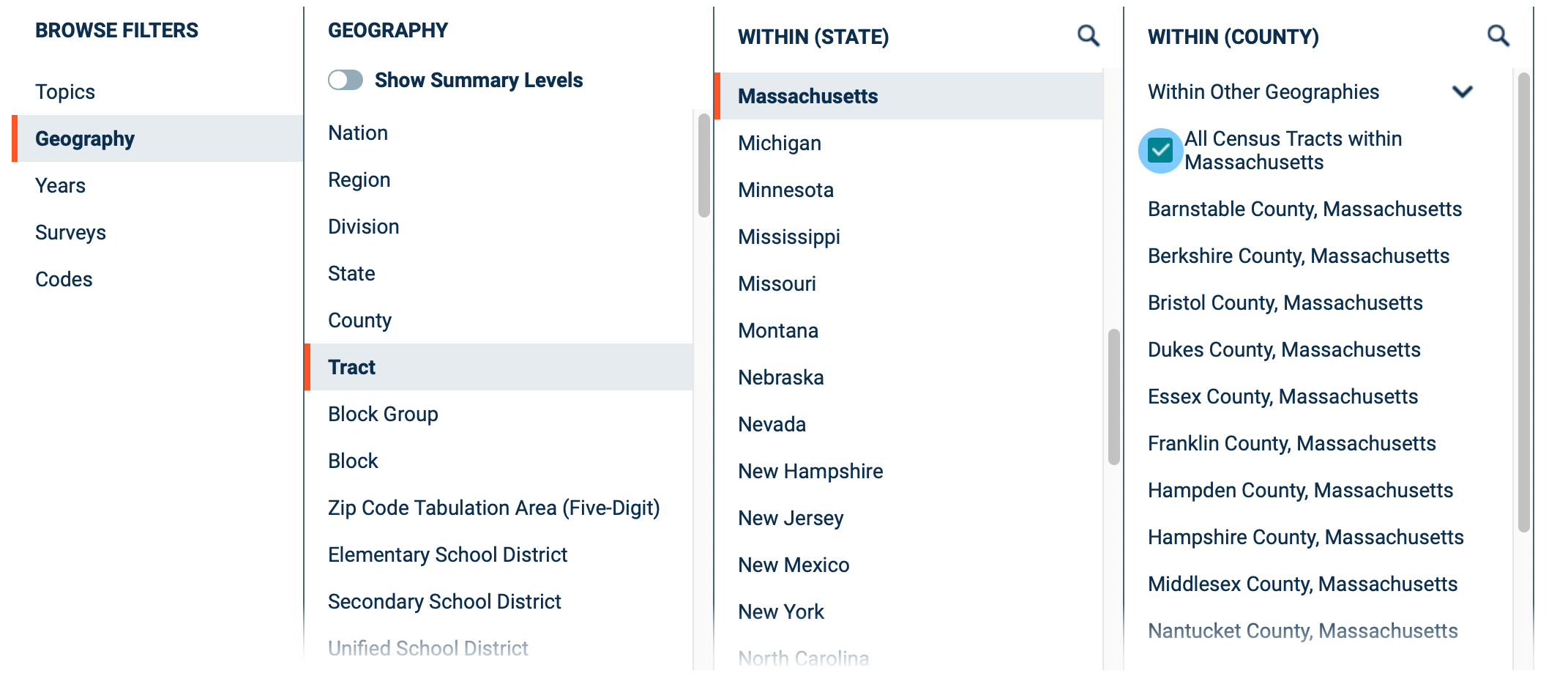 Screenshot of the filter menu on the Explore Census Data portal, showing the options to select for narrowing down the results to the geographical entity of all census tracts within Massachusetts