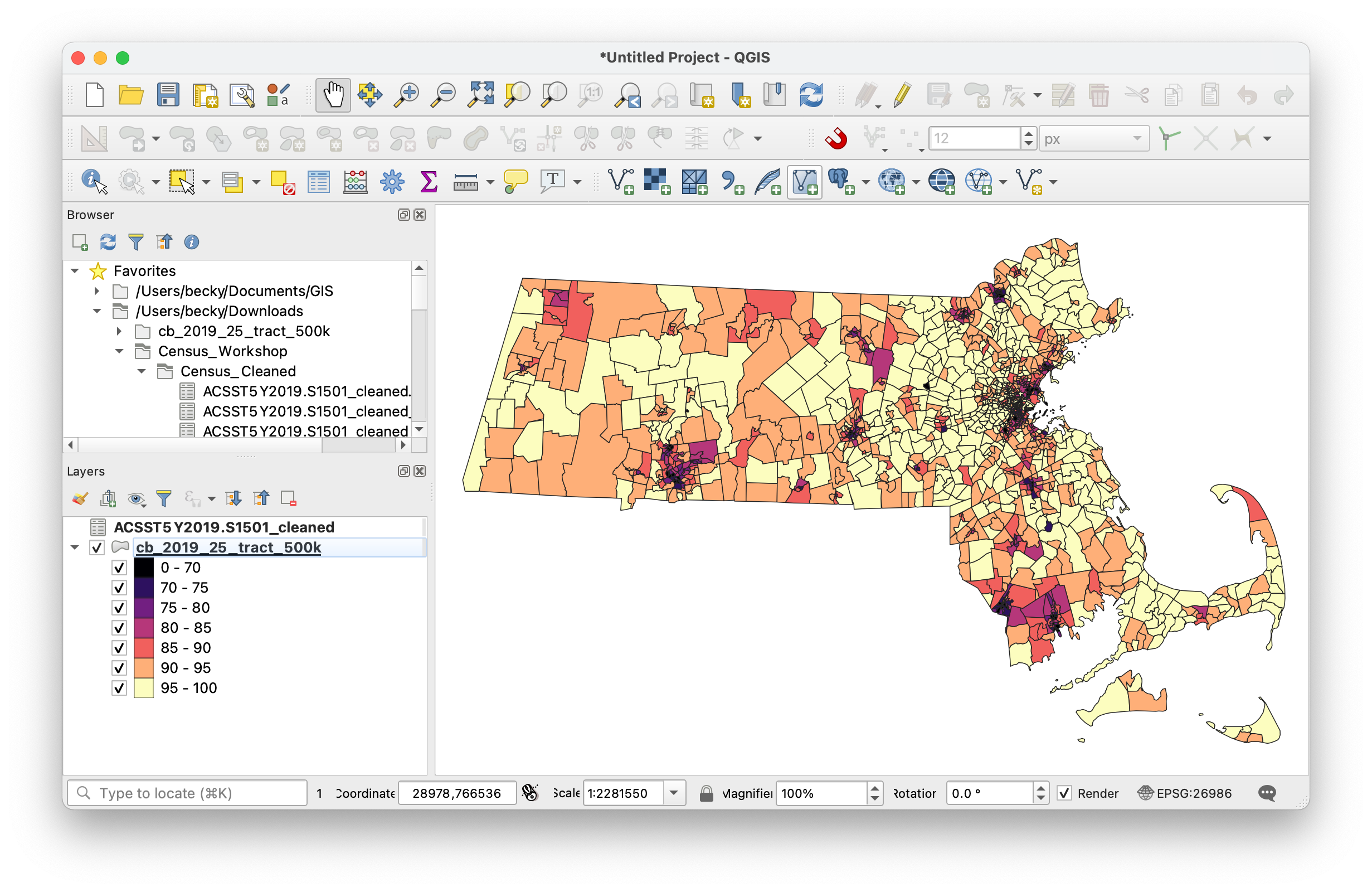 Using one of the newly joined fields to change the symbology of the tract layer in QGIS. The map uses a dark purple to light yellow color gradient to symbolize percent of the total population that has earned a high-school degree or higher. Purple tracts (lower percentages) are visibly concentrated in cities.