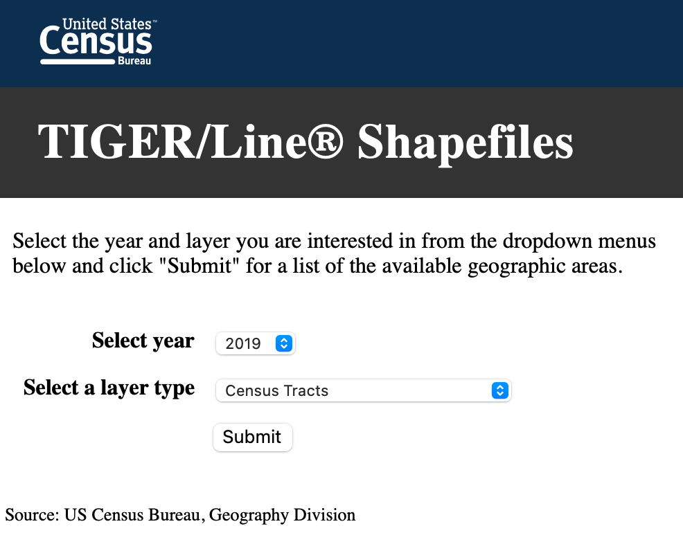 Screenshot of the TIGER/Line Shapefiles download portal, with the year set to 2019 and the layer type set to census tracts.