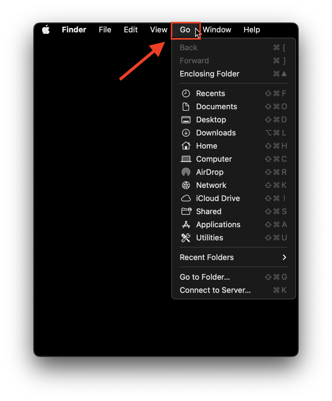 Drop-down selection from the Go menu
