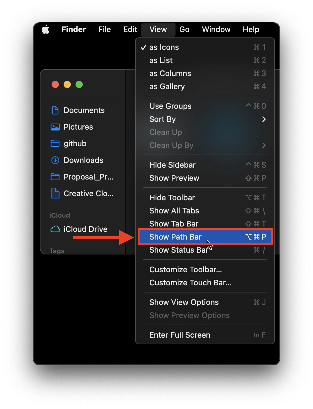 Finder 'View' dropdown menu with 'Show Path Bar' selected