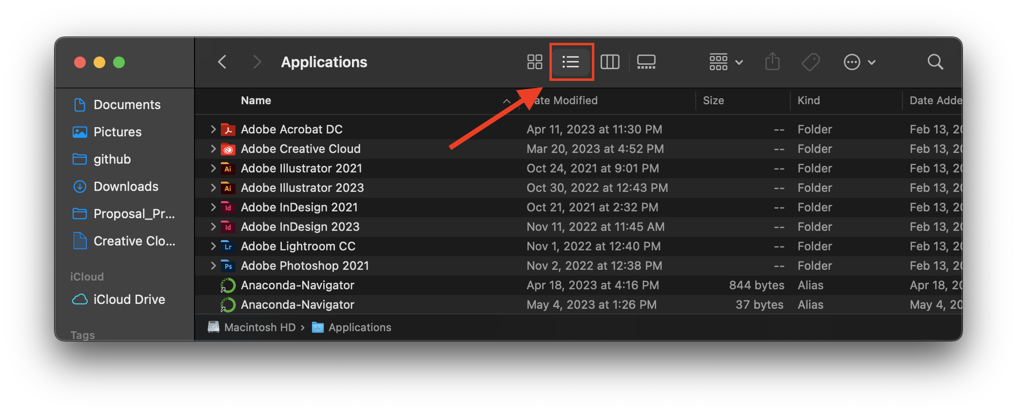 Finder window showing applications, with 'List' view highlighted and selected