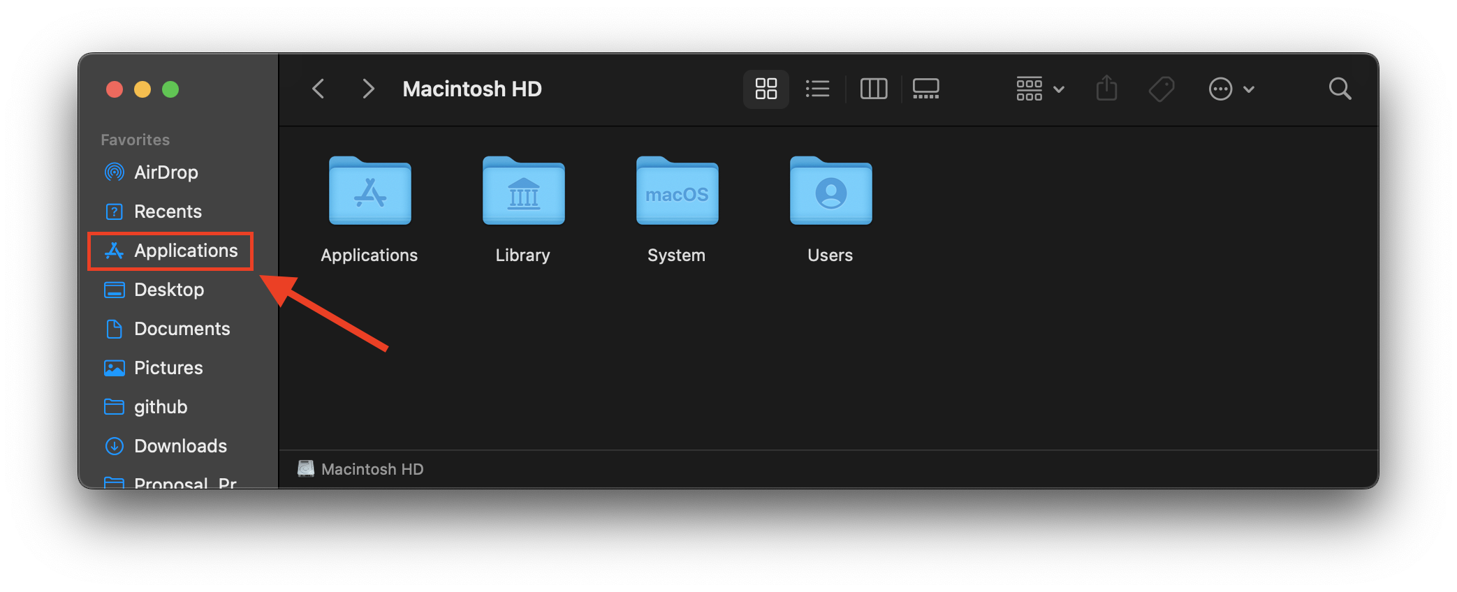 Finder window with 'Applications' highlighted under 'Favorites'