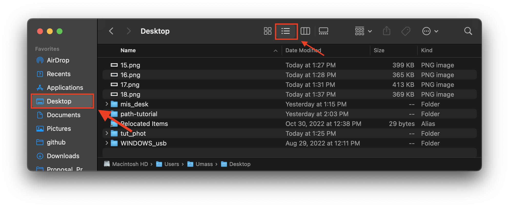Finder window with 'Desktop' (under 'Favorites') and 'List View' icon highlighted