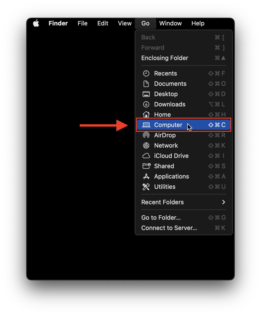 Dropdown 'Go' menu with 'Computer' selected