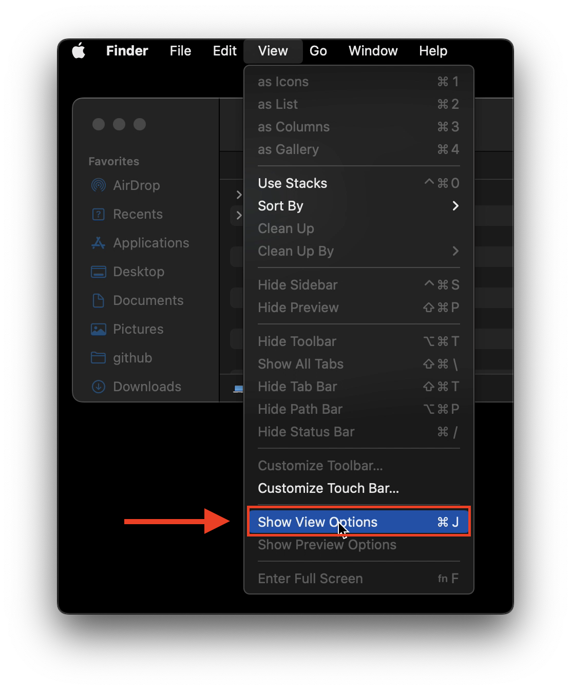 Finder 'View' drop down menu open with 'Show View Options' selected