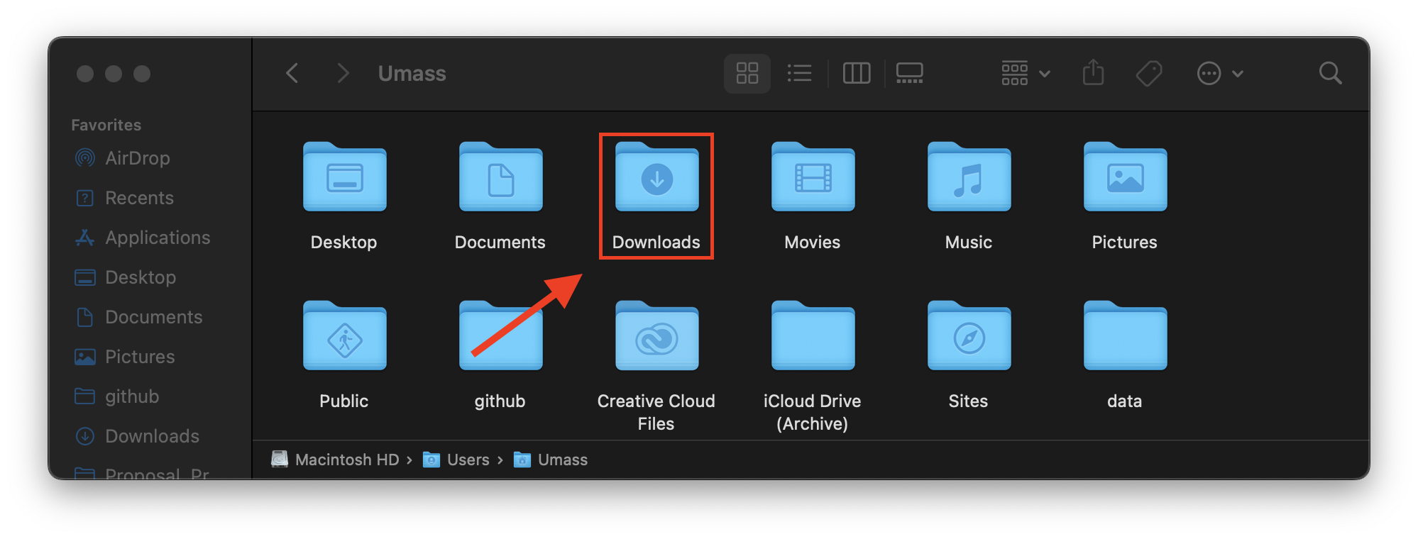 Finder window with Downloads highlighted