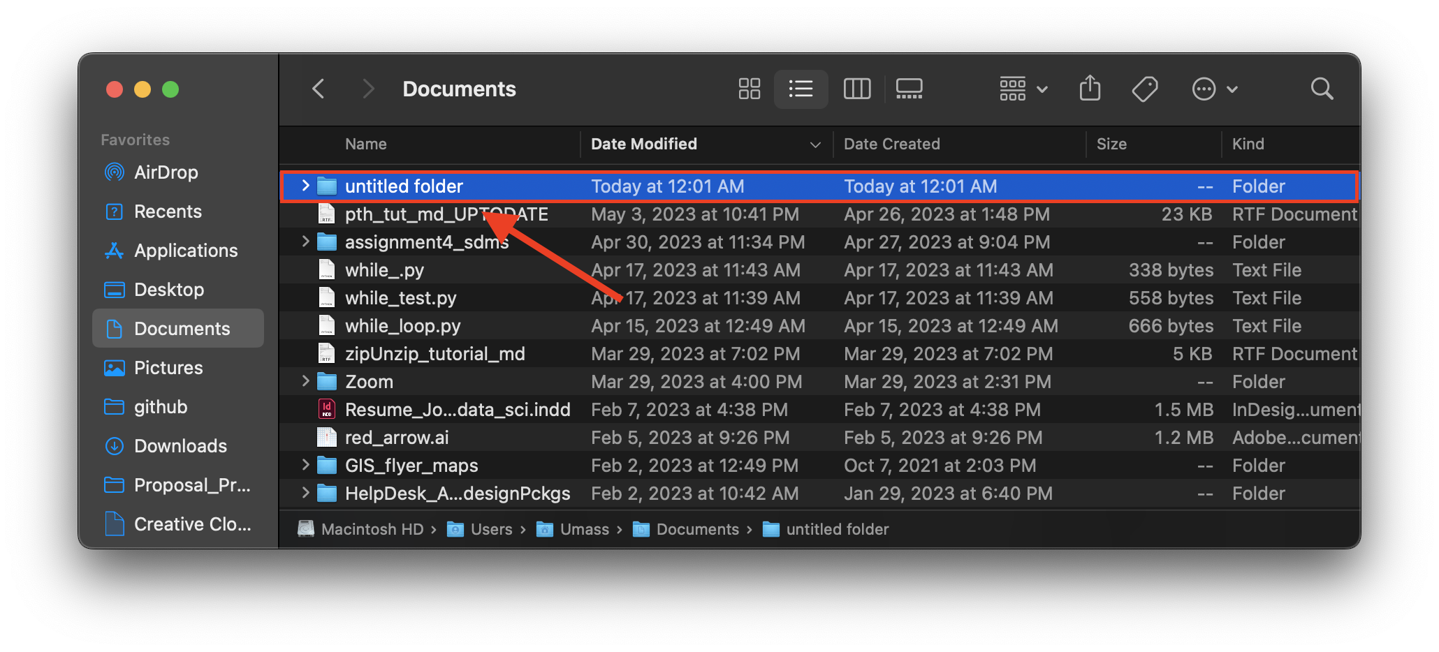 Finder 'Documents' directory with newly created 'Untitled Folder' selected and highlighted