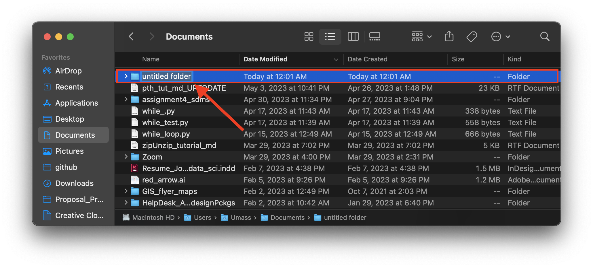 Finder documents directory with 'Untitled Folder' text selected