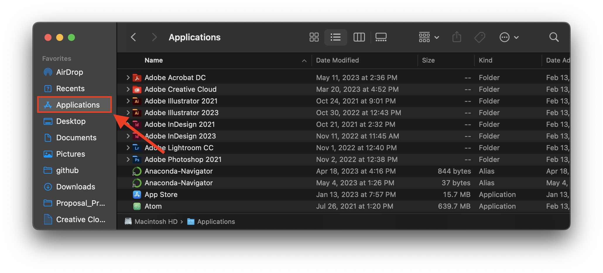 Finder window showing Applications directory with 'Applications' highlighted in Favorites section 