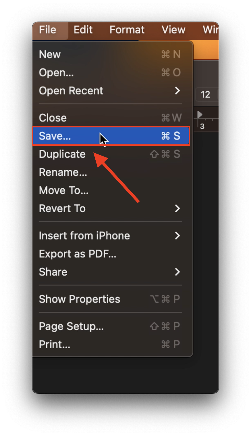 Text Edit dropdown menu with 'Save' highlighted and selected