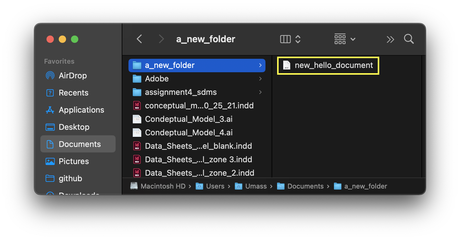 Finder window showing 'a new folder' directory with a document called 'new hello document' highlighted