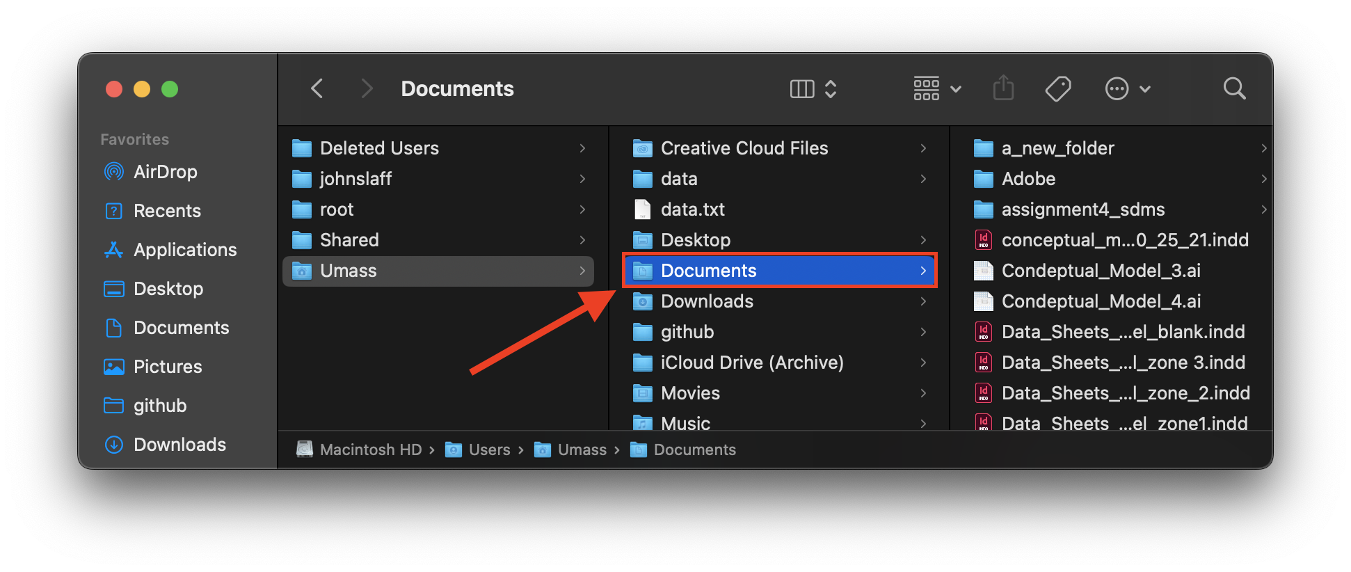 Finder window with 'Documents' folder selected