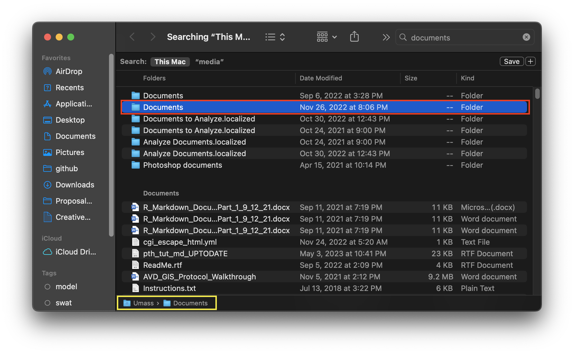 Finder window with 'Documents' and associated file path highlighted