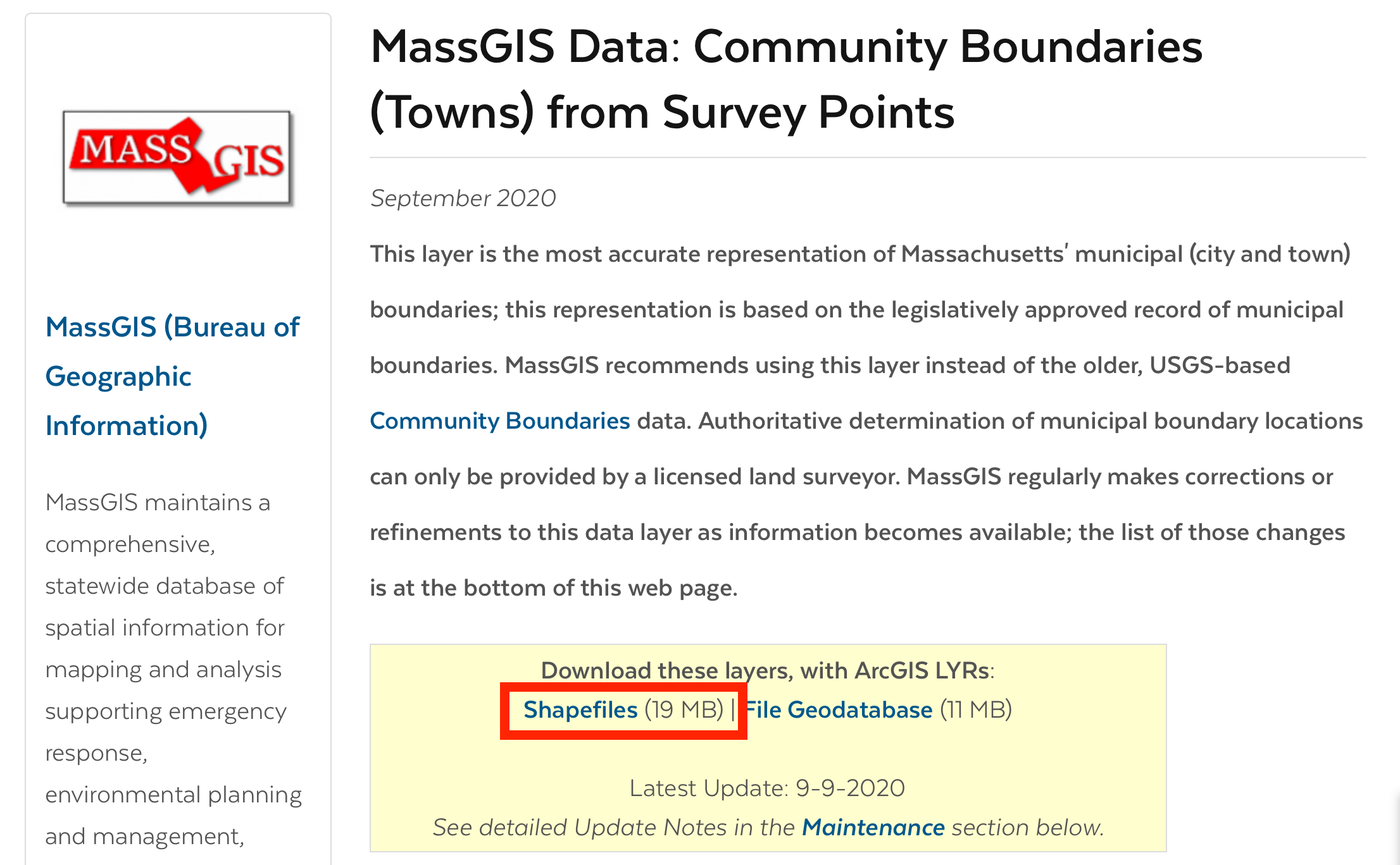 View of the MassGIS data portal, showing the button to download a shapefile of the town boundary layer