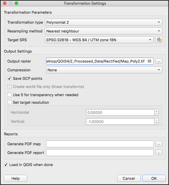 Transformation Settings window with parameters set appropriately