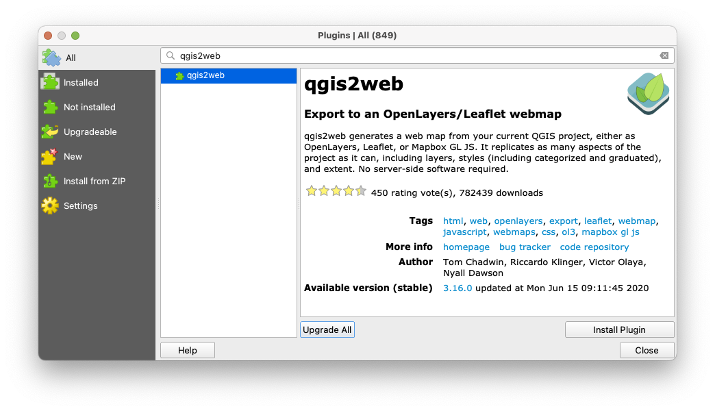 qgis2web plugin install