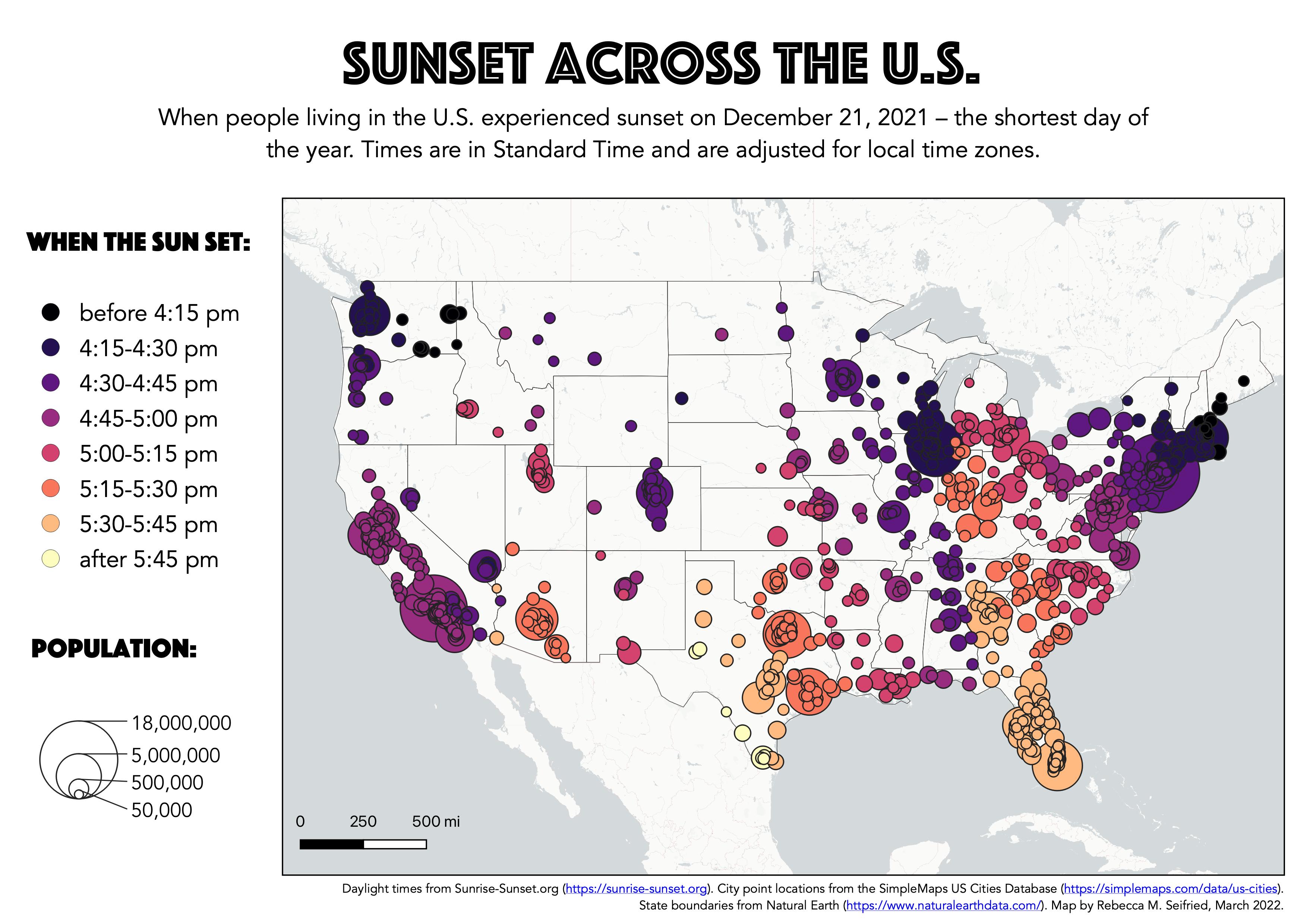 Map of sunset times in the U.S.